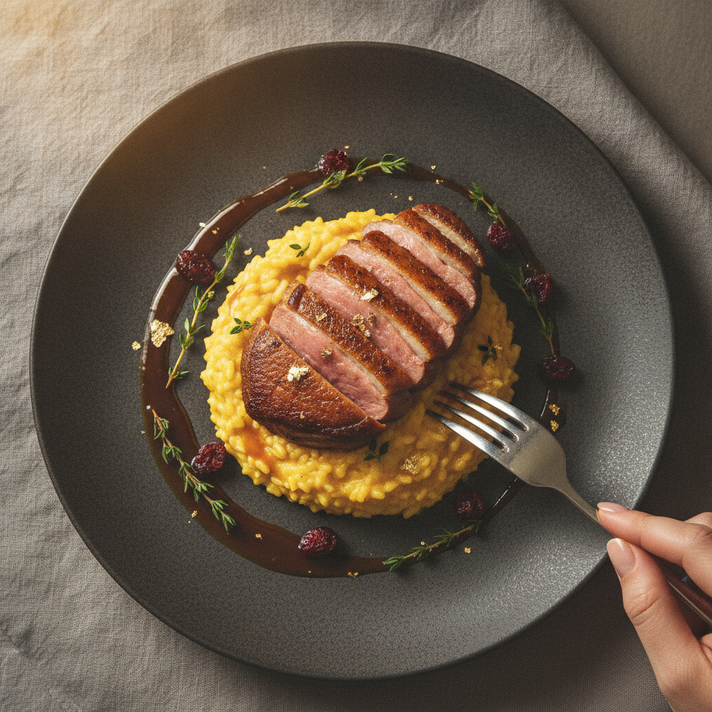 elegantly plated gourmet main course shot from above on a dark plate